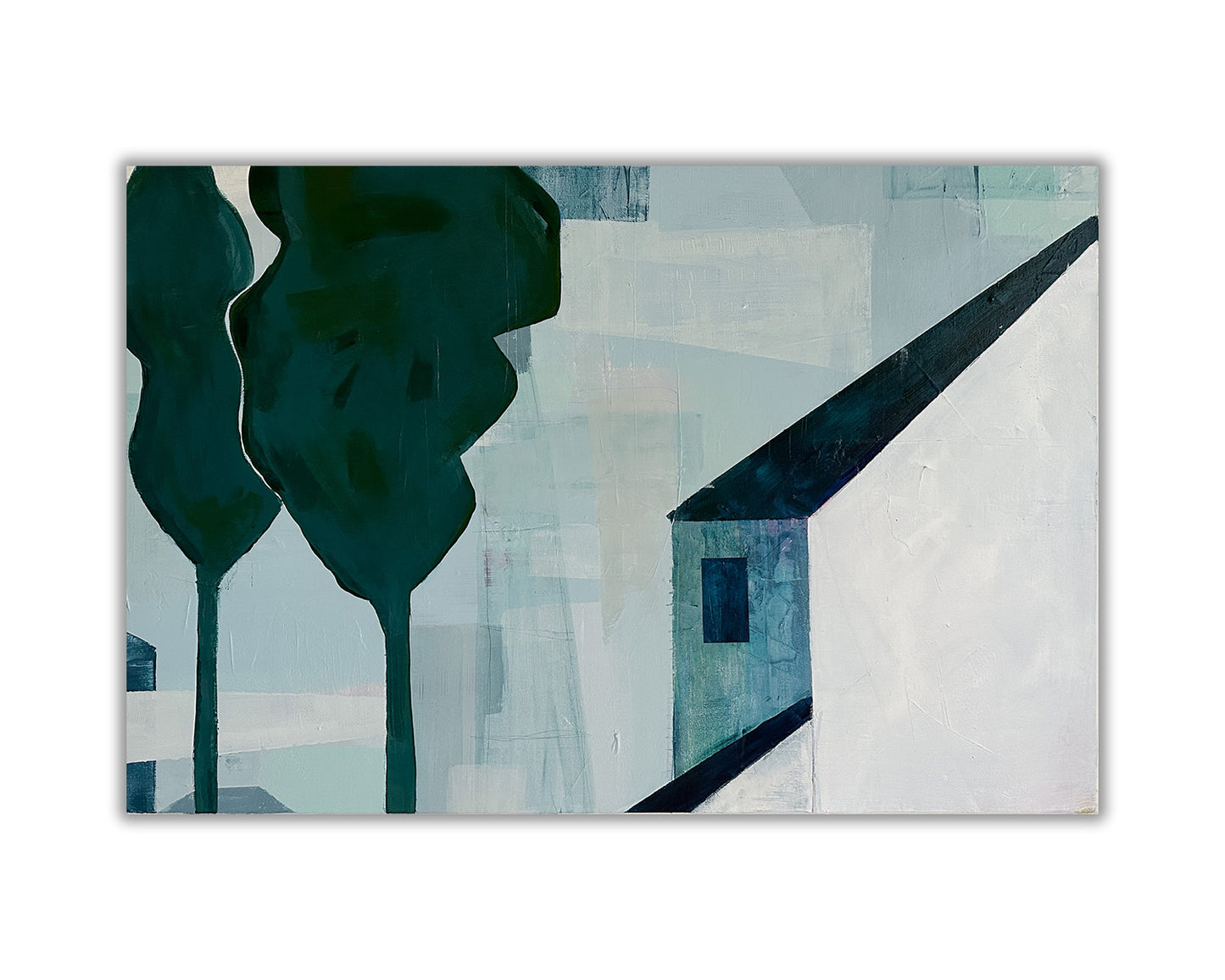 abstracted painting of a house and two large trees, painted in greens and blues.