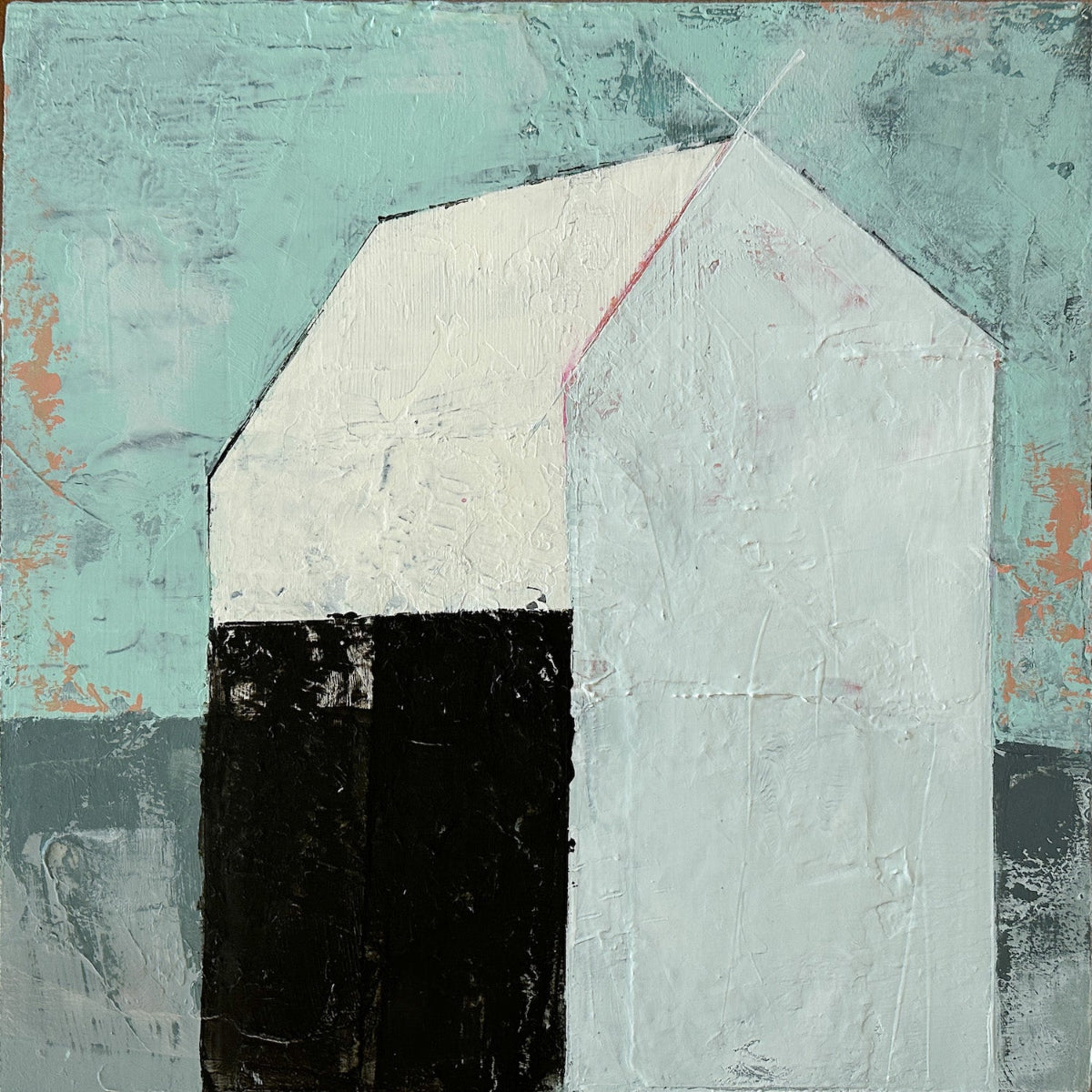 abstract house shape in neutral colors against heavily textured background of turquoise and grey with pops of peach.