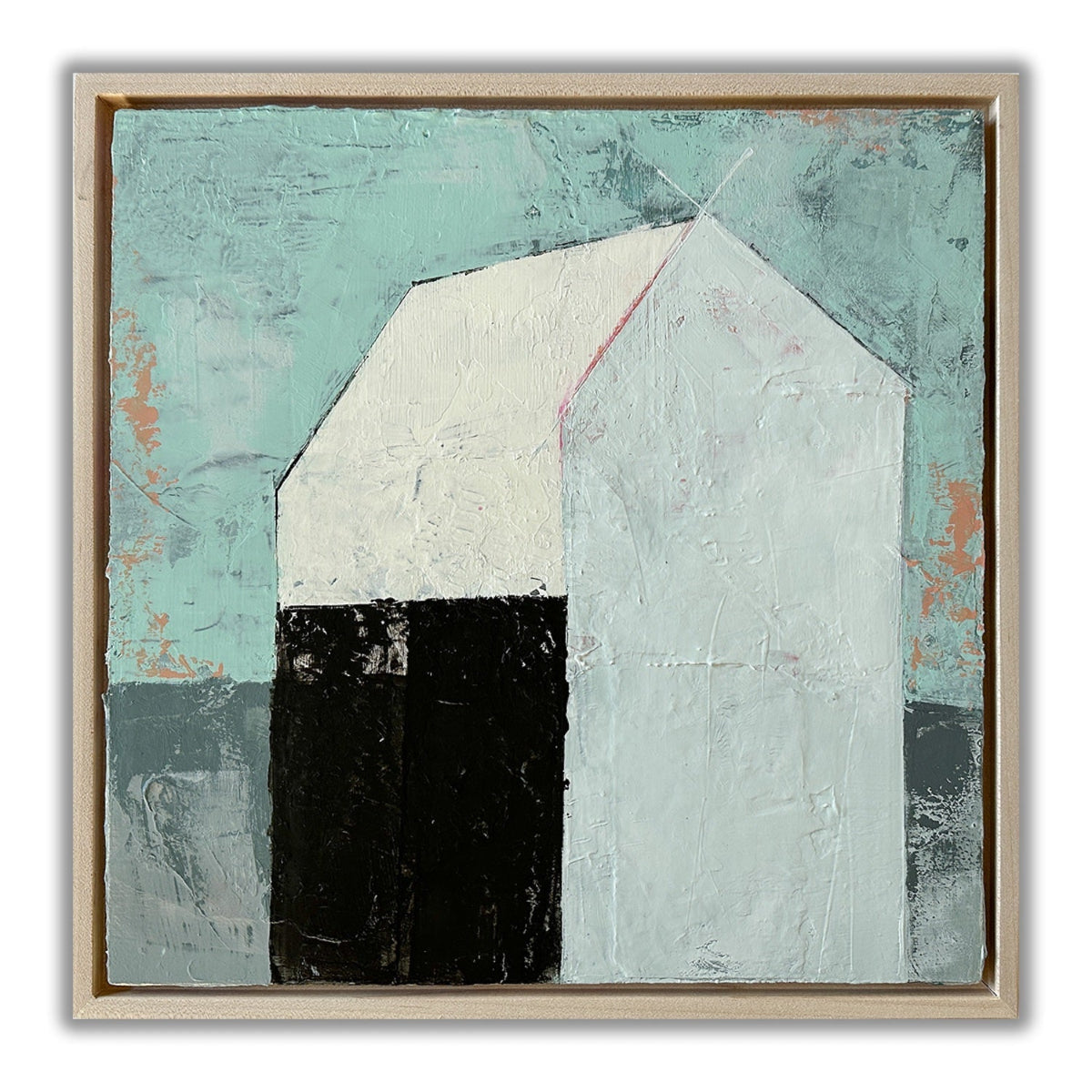 abstract house shape in neutral colors against heavily textured background of turquoise and grey with pops of peach.