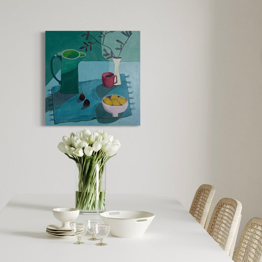 Dining room with a still life painting of a table setting on the wall, painted in shades of turquoise.