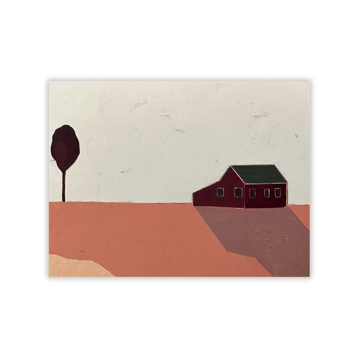 A landscape painting with red barn and singular tree set against a cream white sky and peach foreground, shown as a rectangle on a white background with a drop shadow. 