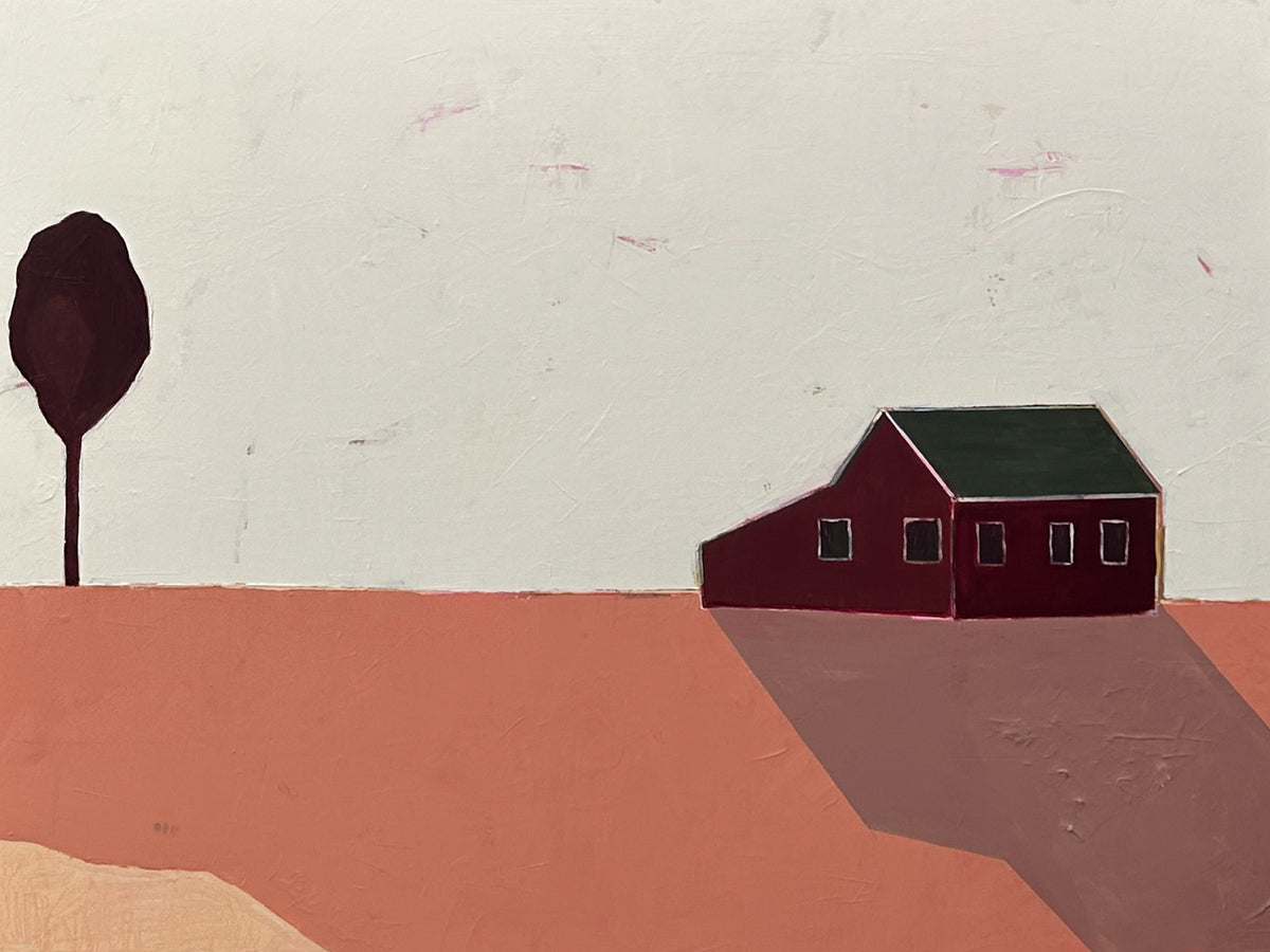 A minimalist landscape painting featuring a small dark red house with a dark green roof on a terracotta-colored field, next to a dark tree against a pale off-white sky.