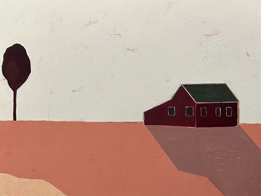 A minimalist landscape painting featuring a small dark red house with a dark green roof on a terracotta-colored field, next to a dark tree against a pale off-white sky.
