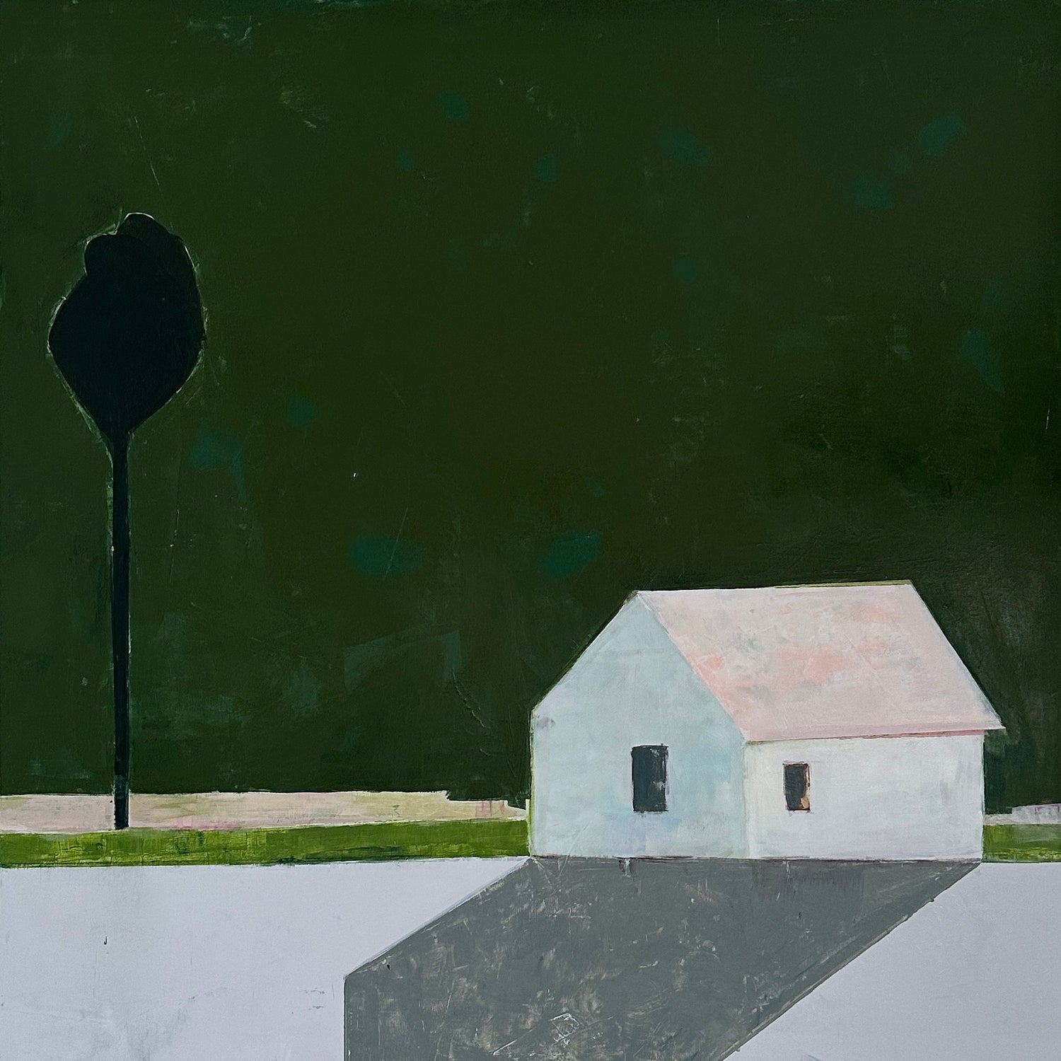 Origianal abstract painting of a white house placed against a dark green background. There is a single tree and a long shadow that stretches in front of the house. 