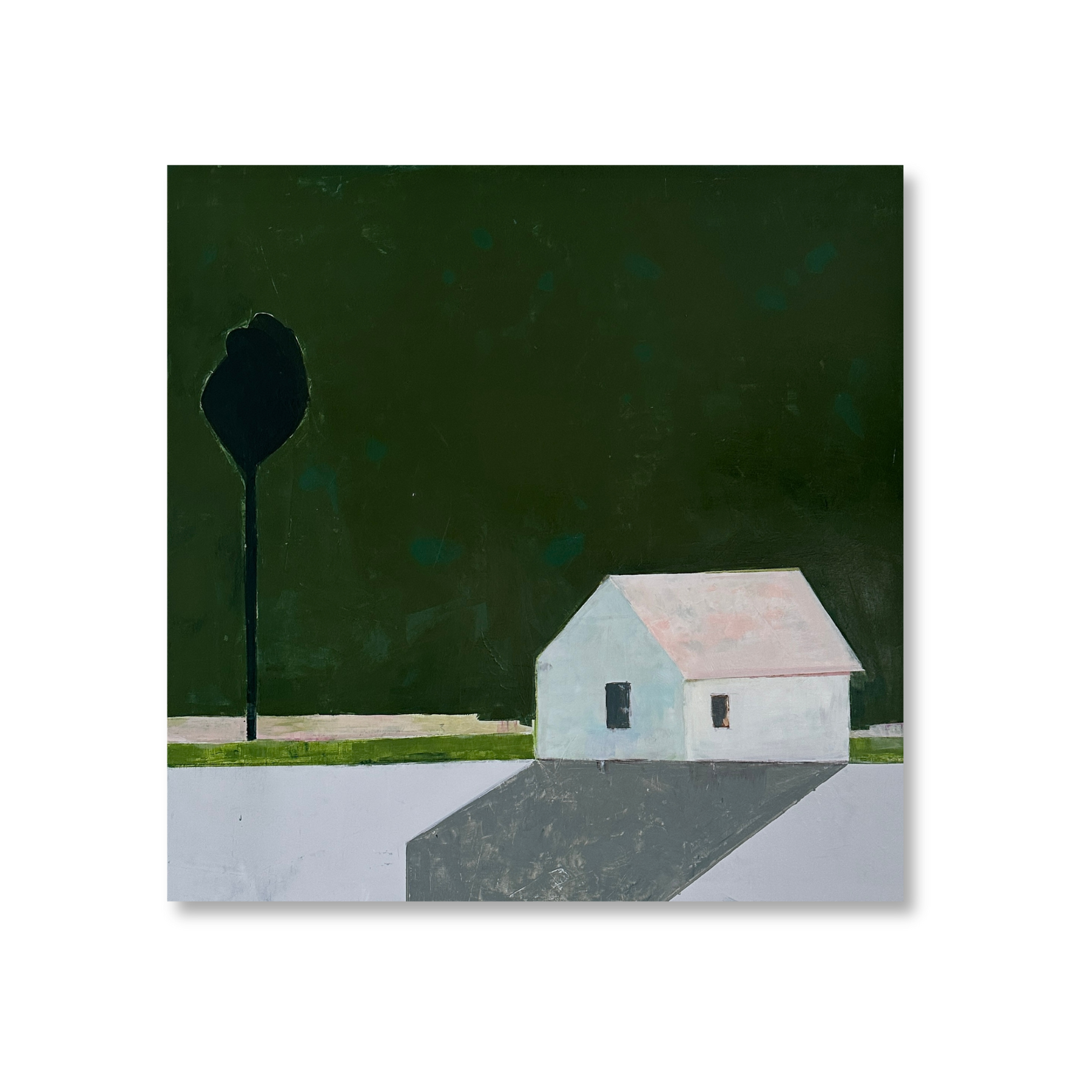 Original painting of a white house against a dark green background. There is a dark shadow that stretches in front of the house and a single tree to the left of the house. 
