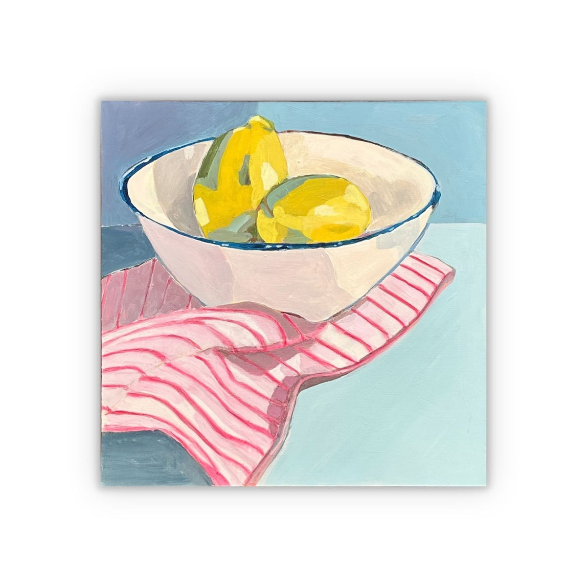 A square painting featuring a still life painting of yellow lemons in a white bowl resting on a pink and white striped cloth, set against a light blue background, shown as a square on a white background with a drop shadow. 