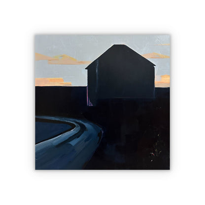 A landscape painting at night featurning a curved road and silhouette of a house set agianst a sunset sky, shown as a square on a white background with a drop shadow. 
