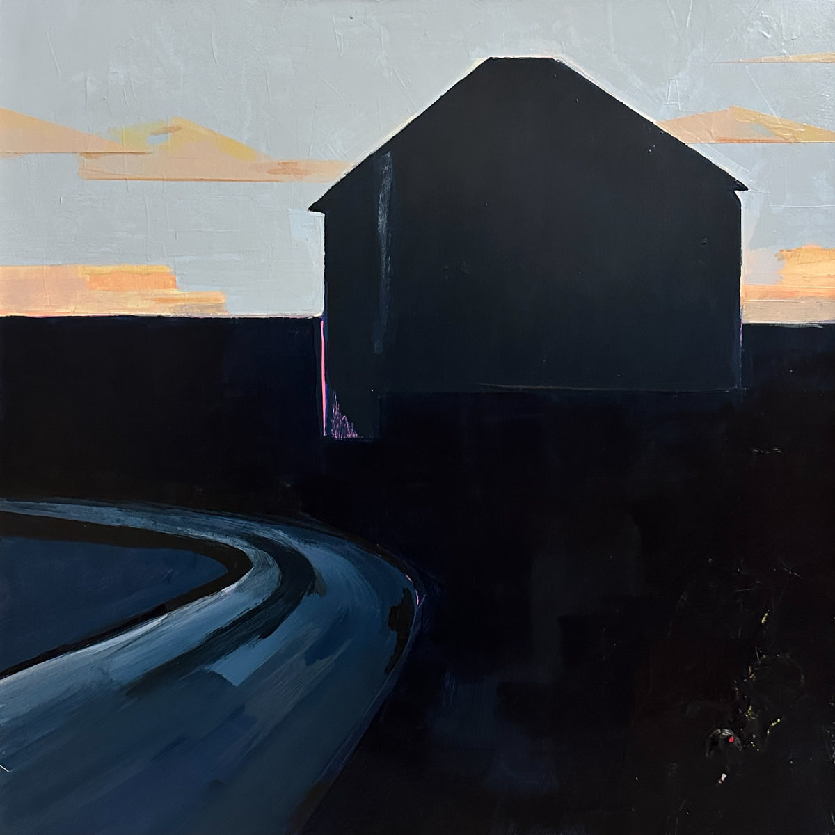 An abstract landscape painting featuring a dark house silhouette against a pale sky with soft orange clouds, a curved blue road in the foreground, and deep dark shadows.