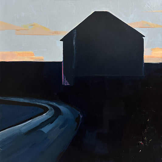 An abstract landscape painting featuring a dark house silhouette against a pale sky with soft orange clouds, a curved blue road in the foreground, and deep dark shadows.