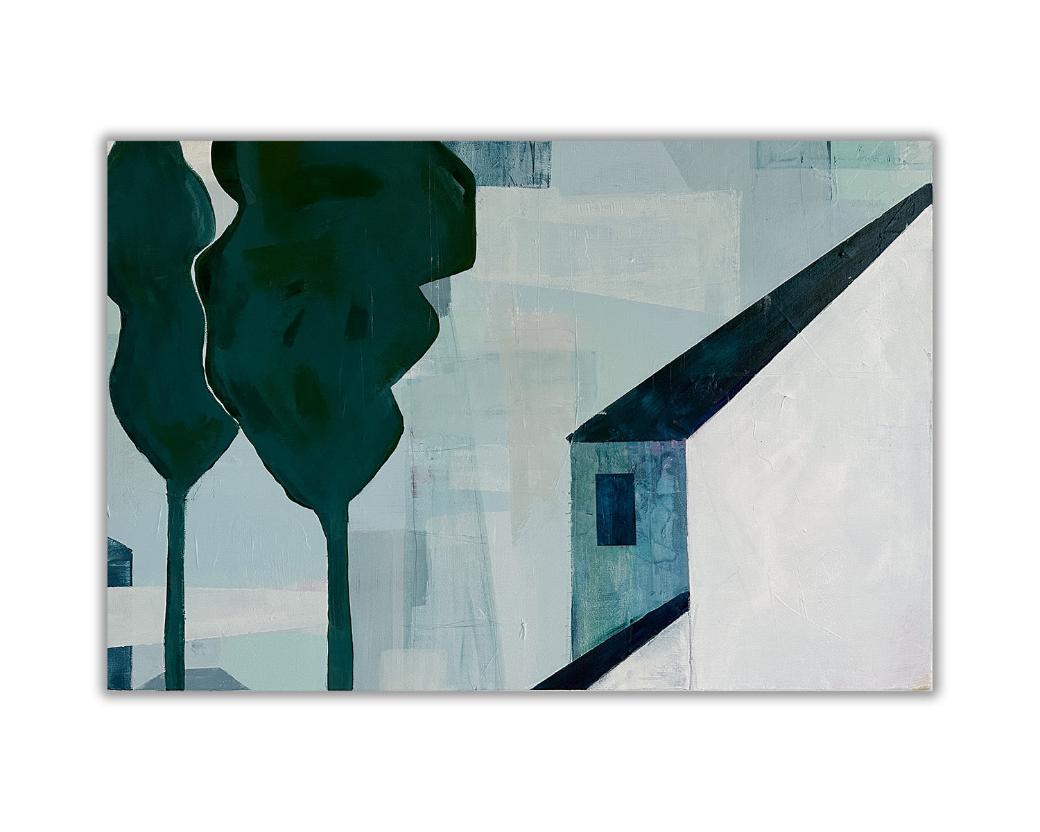 abstracted painting of a house and two large trees, painted in greens and blues.
