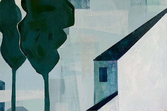 abstracted painting of a house and two large trees, painted in greens and blues.