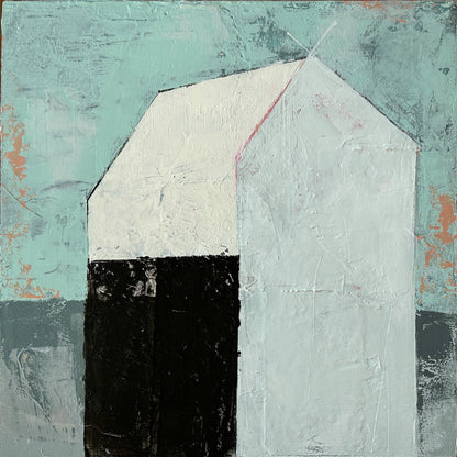 abstract house shape in neutral colors against heavily textured background of turquoise and grey with pops of peach. 