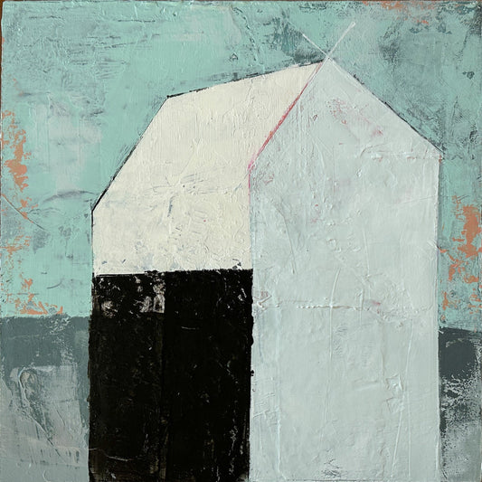 abstract house shape in neutral colors against heavily textured background of turquoise and grey with pops of peach. 