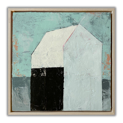 abstract house shape in neutral colors against heavily textured background of turquoise and grey with pops of peach. 