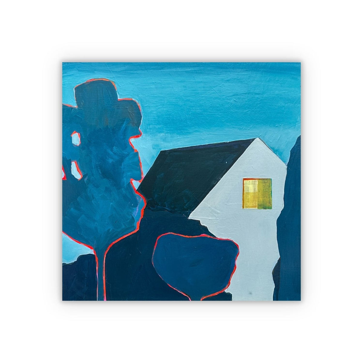 An abstract landscape painting featuring a white house with a yellow window, dark blue and navy tree silhouettes, and a bright blue sky, shown against a plain white background with a drop shadow. 