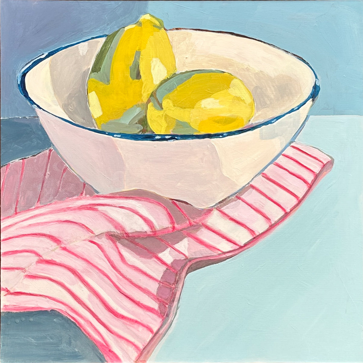 A still life painting of two yellow lemons in a white bowl with a blue rim, set on a pink and white striped cloth against a light blue background.
