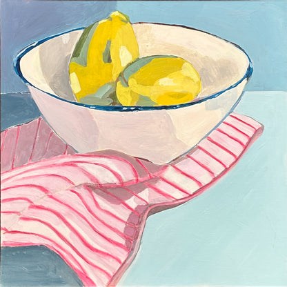 A still life painting of two yellow lemons in a white bowl with a blue rim, set on a pink and white striped cloth against a light blue background.