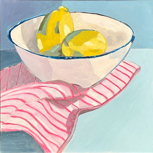 A still life painting of two yellow lemons in a white bowl with a blue rim, set on a pink and white striped cloth against a light blue background.
