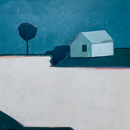 A minimalist landscape capturing the serene isolation of a lone house and tree against a still lake. Painted in blues a pinks.