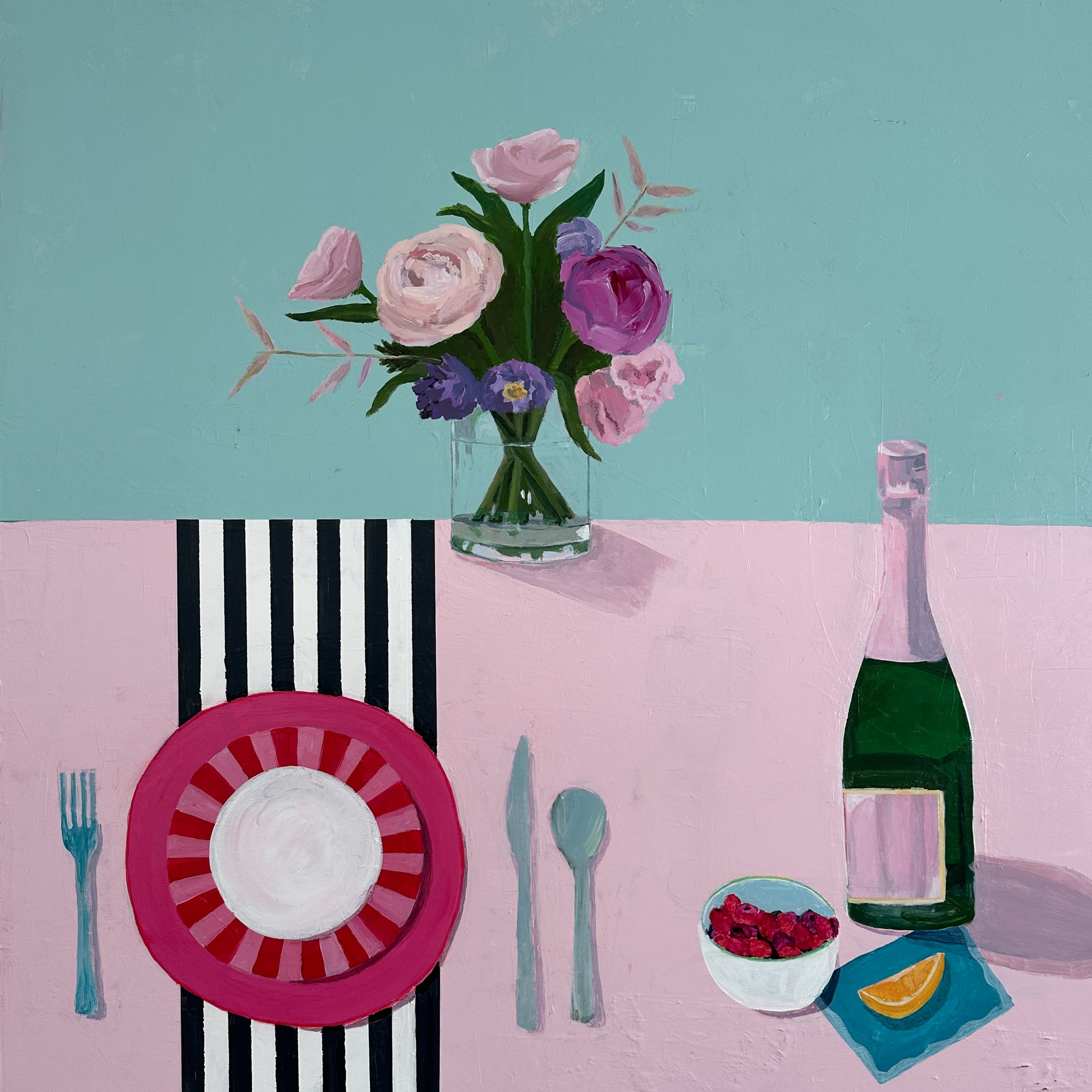A stylized still life painting of a table setting with a pink and black striped napkin, a pink plate, silver cutlery, a small bowl of red berries, a slice of orange, a green bottle, and a vase of pink and purple flowers against a split turquoise and pink background.