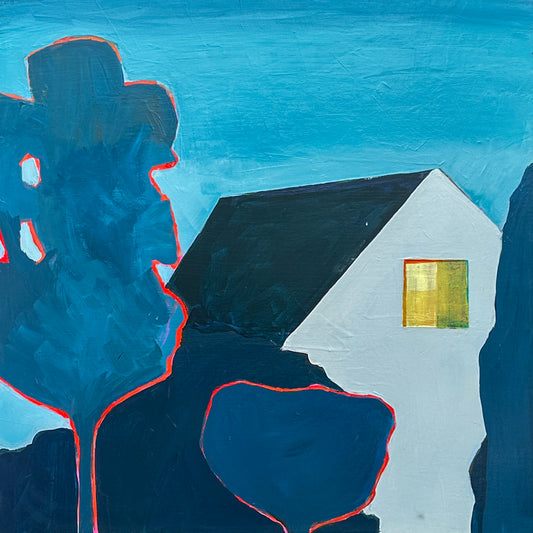 An abstract landscape painting depicting a white house with a dark roof, a bright yellow window, and dark blue trees against a vibrant blue sky, outlined with red lines.