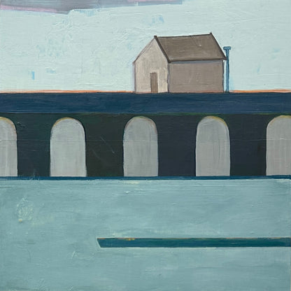 Mixed media acrylic painting of a house, painted in coastal tones with heavy texture. 