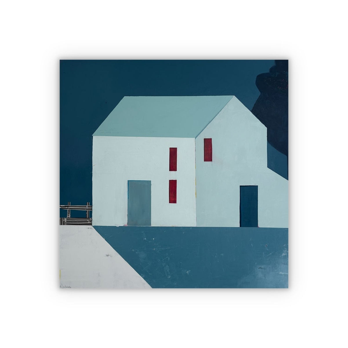 A minimalist painting of a white house with red window shutters, set against a dark blue night sky and blue ground, shown as a square on a white background with a drop shadow. 