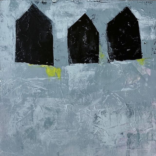 painting of three dark brown abstracted house shapes juxtaposed against a neutral blue-grey background with pops of bright yellow.