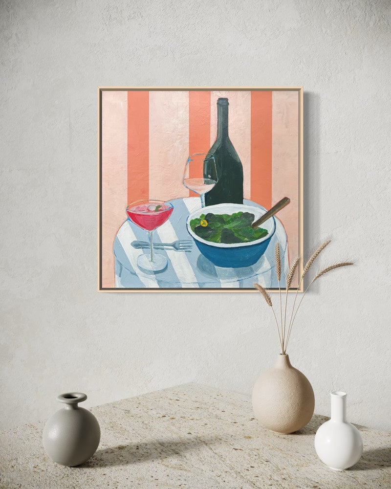 Still life painting with peach stripes hanging above counter with 3 small vases.