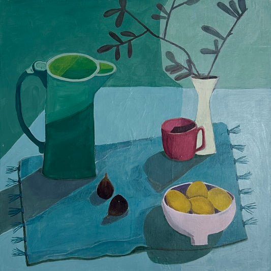 Original still life painting on canvas with a green pitcher, pink mug, white vase, and bowl of lemons on a blue surface.