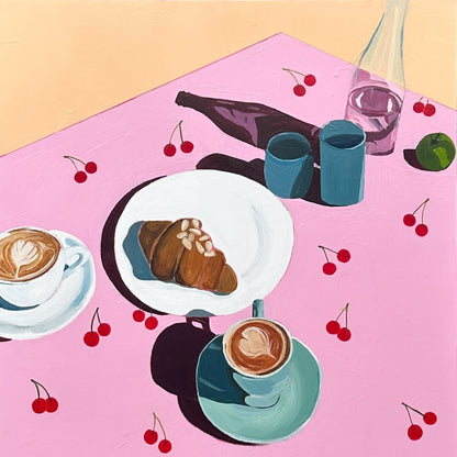 A stylized still life painting of a pink table with coffee cups, a croissant on a plate, cherries, blue cups, a bottle, a glass of water, and a lime, rendered in a painterly, graphic-art style.