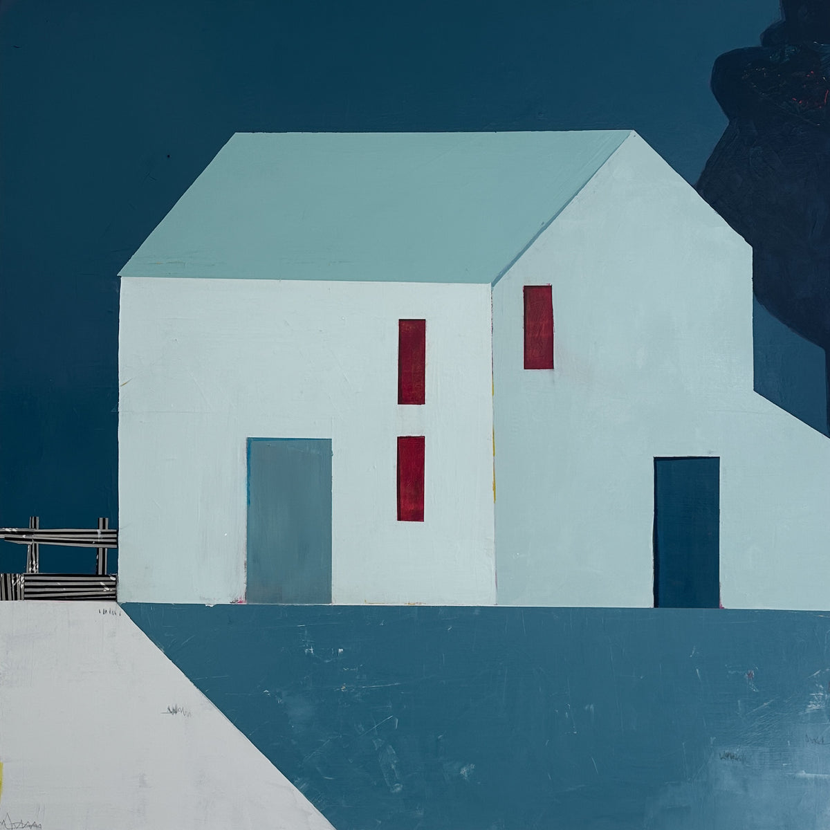 A stylized painting of a house with a pale blue roof and walls, dark blue doors and windows, and red window accents against a deep blue background.