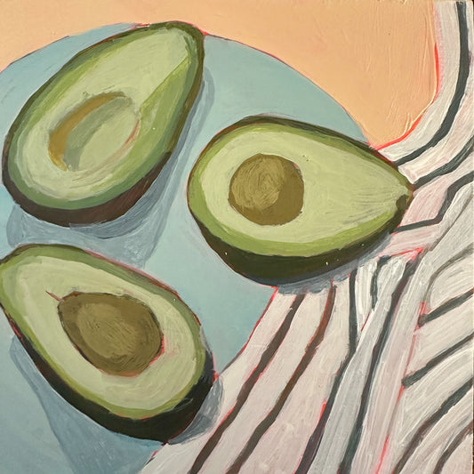 Painting of avocado halves on turquoise plate with pale orange background. 
