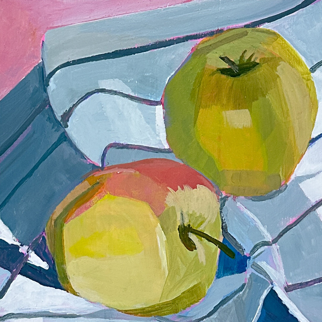 A still life painting of two apples on a blue and white striped surface, with a pink background area. The artwork uses expressive brushstrokes in yellow, green, red, blue, and white.