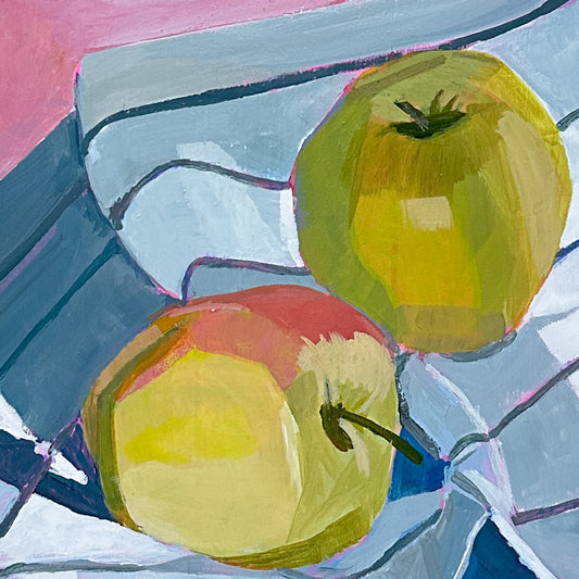 A still life painting of two apples on a blue and white striped surface, with a pink background area. The artwork uses expressive brushstrokes in yellow, green, red, blue, and white.