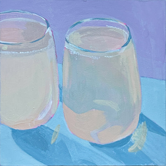 A square painted still life showing two glasses of wine on a blue surface against a lavender-purple background.