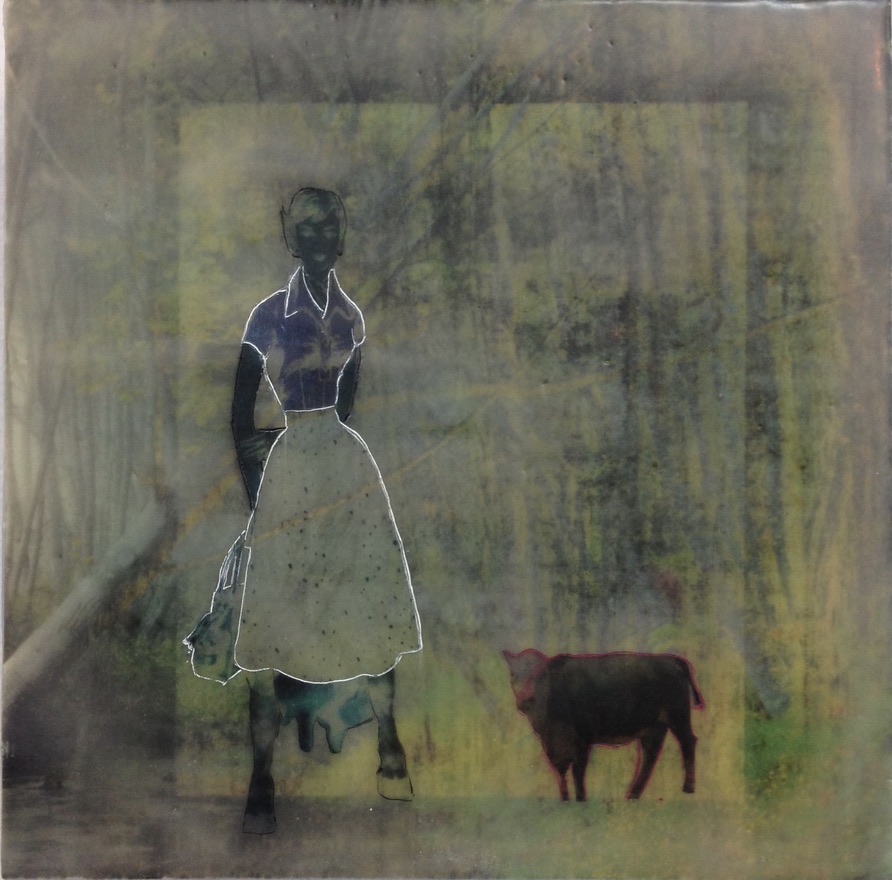 square encaustic painting, with image transfer of woman from vintage dress pattern with a cow next to her.