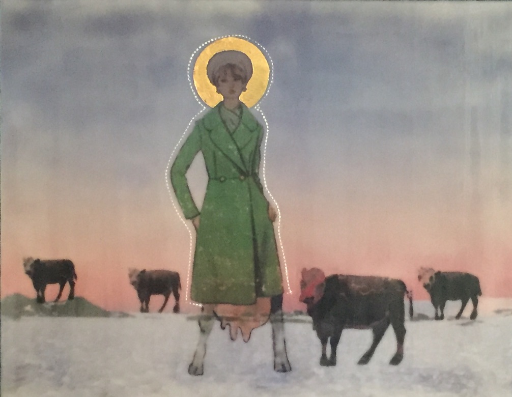 rectangular encaustic painting of image transfer of woman from vintage dress pattern. Her legs have been replaced with cow legs, and she has udders. She is standing in Antartica, and is surrounded by four cows. She is outlined with dotted white lines, and has a gold leaf halo. 