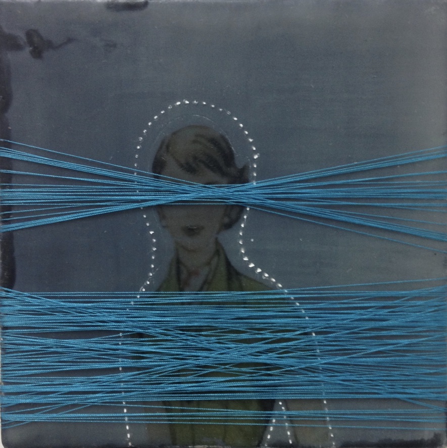 Small square blue-grey painting of woman from a vintage dress pattern. Woman is outlined in white dotted line, and painting is wrapped in turquoise thread to obscure her eyes.