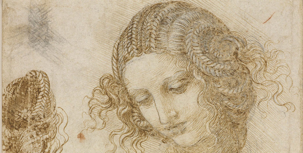 Sketch by Leonardo da Vinci, close up of woman's face and hair.
